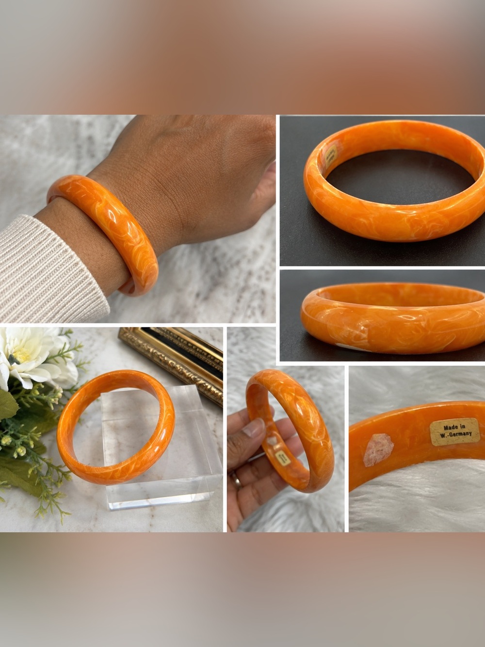 Vintage West Germany Orange Marbled Lucite Bangle Bracelet Retro Mod Statement